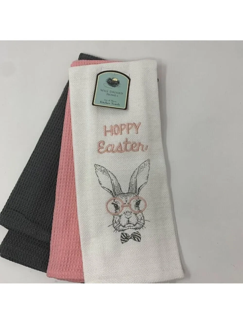 Farmhouse Easter Kitchen Towels Spring Holiday Bunny Rabbit Home Decor Pink Gray